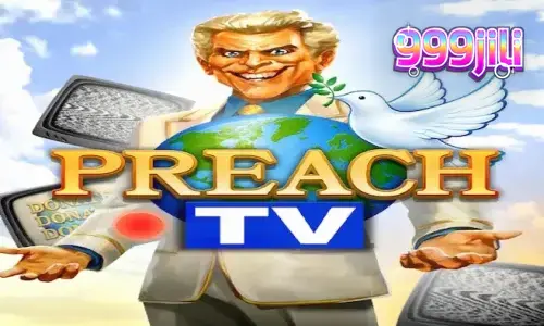 Isang makulay at satirikal na visual mula sa Preach TV slot na nagpapakita ng TV studio theme.